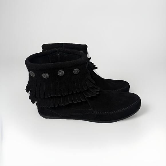 Minnetonka Double Fringe Moccasins Black Suede Western Native Boho Ankle Boots 7 - Picture 1 of 7